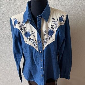 Western Denim Embroidered Button Down Shirt